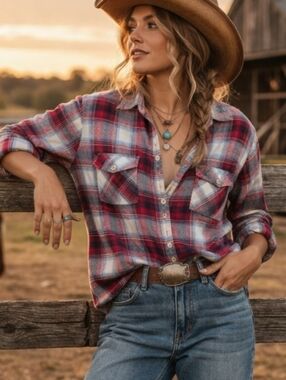 GAP x Pendleton Plaid Flannel Shirt Womens Medium Western Pearl Snap Style Red